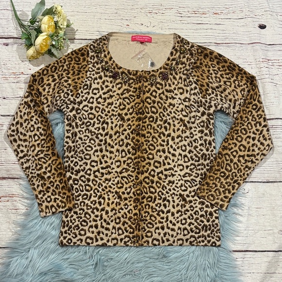Charlotte Tarantola Cheetah Lightweight Sequin Silk Blend Cardigan - Picture 1 of 11